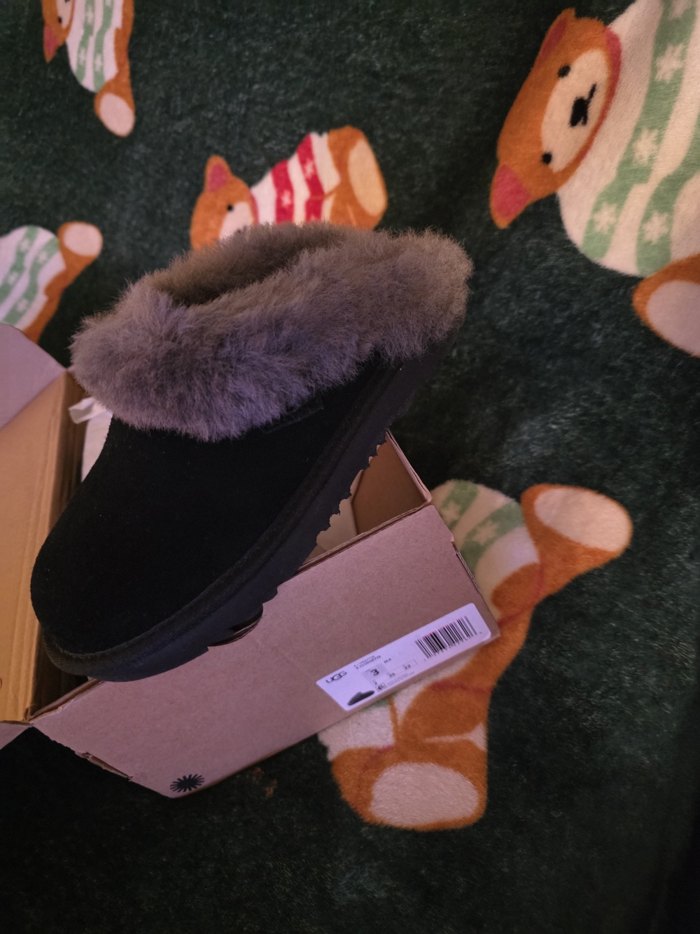 UGG Black Slip-On Kids Slipper with Gray Fur Collar
